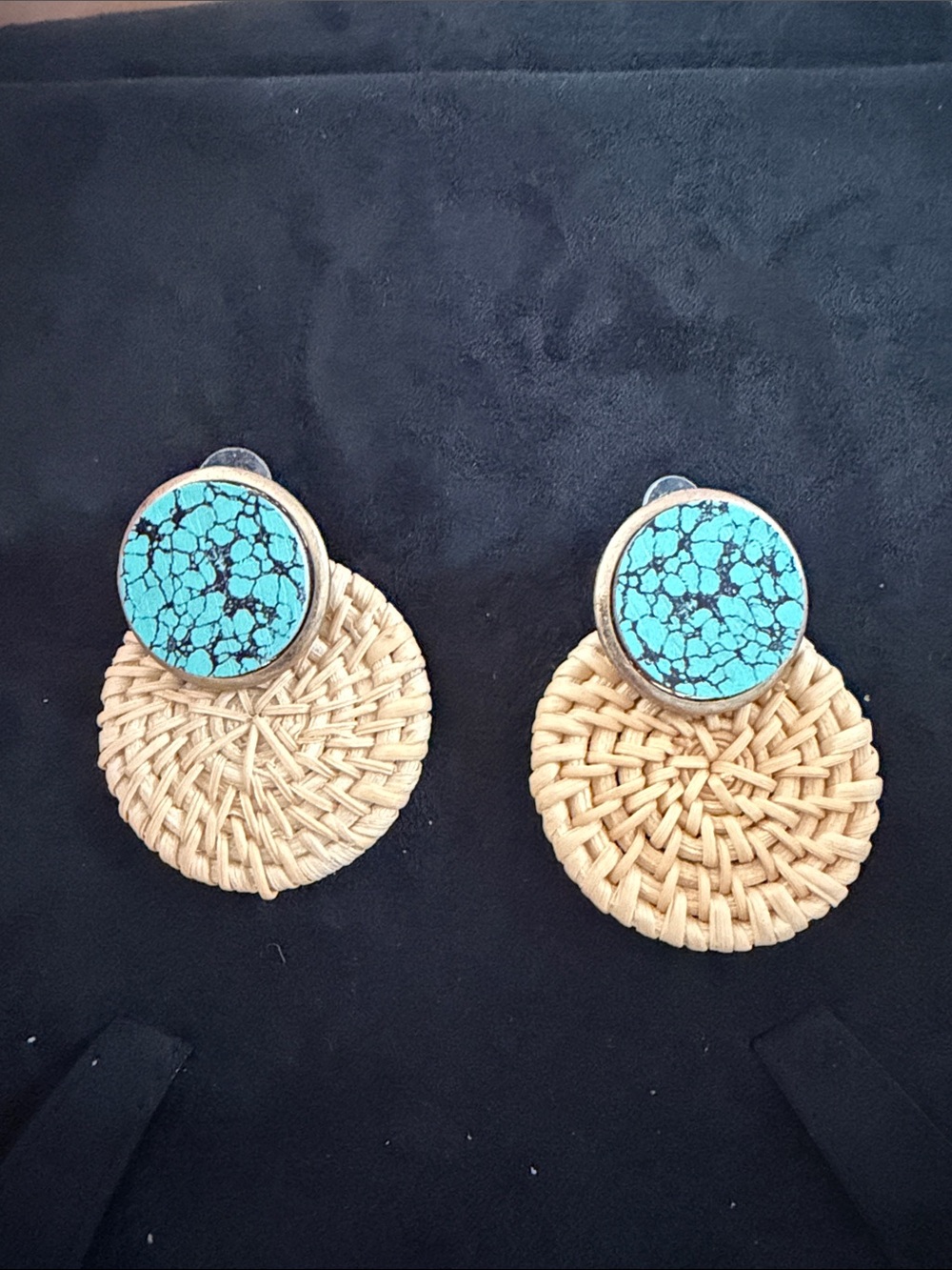 Turquoise Stone and Woven Disc Drop Earrings - Unbranded